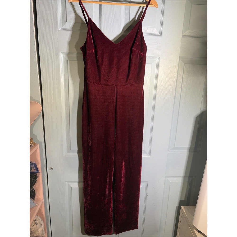 Jodi Kristopher Red Velvet Jumpsuit Sz Small. Raw Hem. Fall, Holidays, Party.